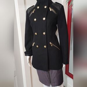 Vince Camuto Black Double-Breasted Pea Coat with Gold Hardware